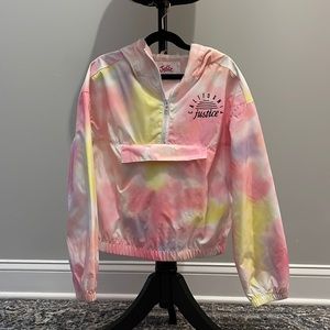 NWOT Justice Girl’s light windbreaker pouch hooded 12 zip jacket